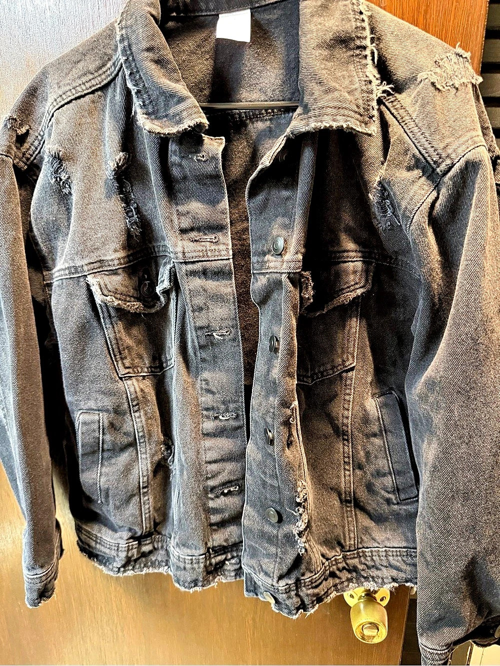 Jean Distressed Black Denim Jacket size large women’s